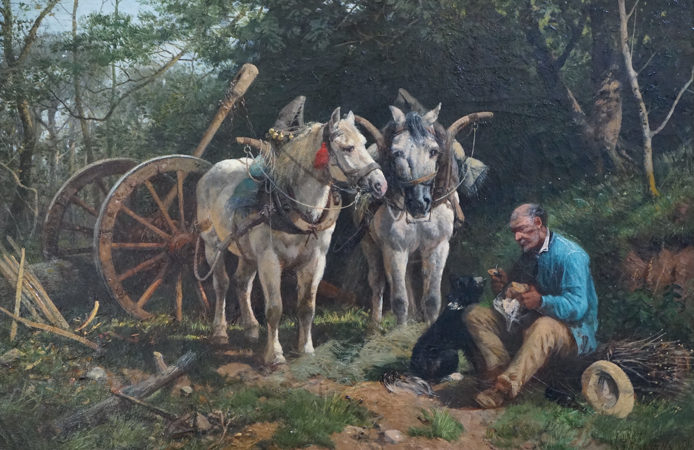 Richard Beavis (English, 1824-1896), Carter and horses at rest, oil on canvas, 40 x 60cm